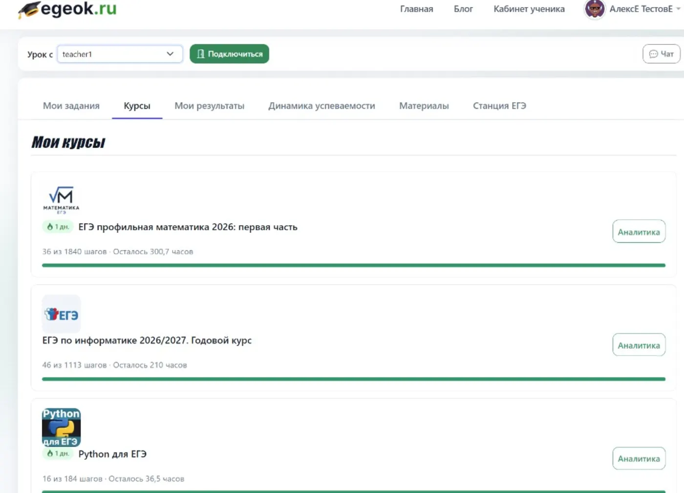Карточки курсов с прогрессом шагов и оставшимися часами